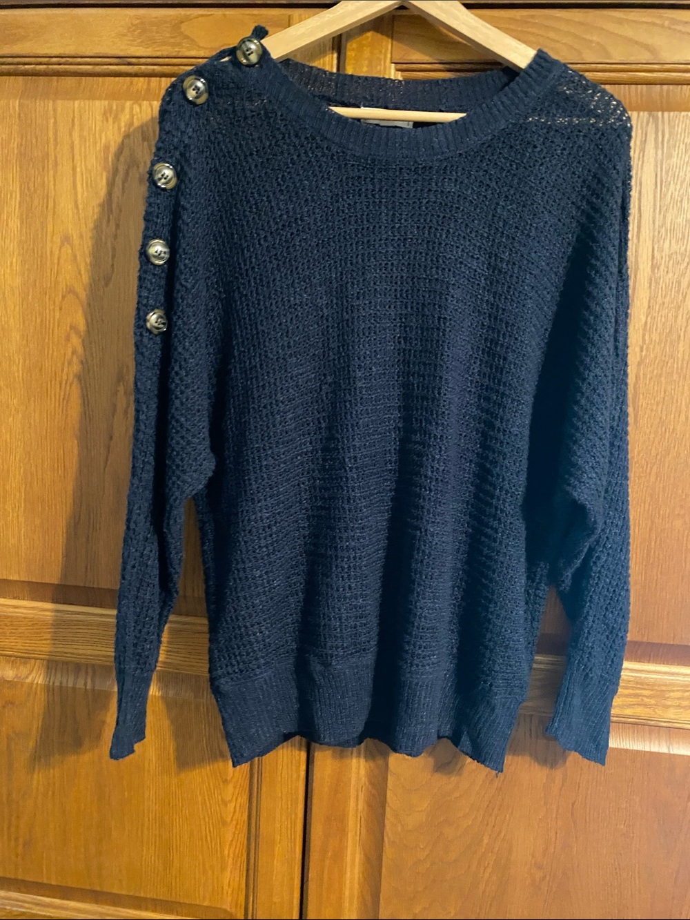 mine Blue Open-Weave Crewneck Sweater with Shoulder Buttons